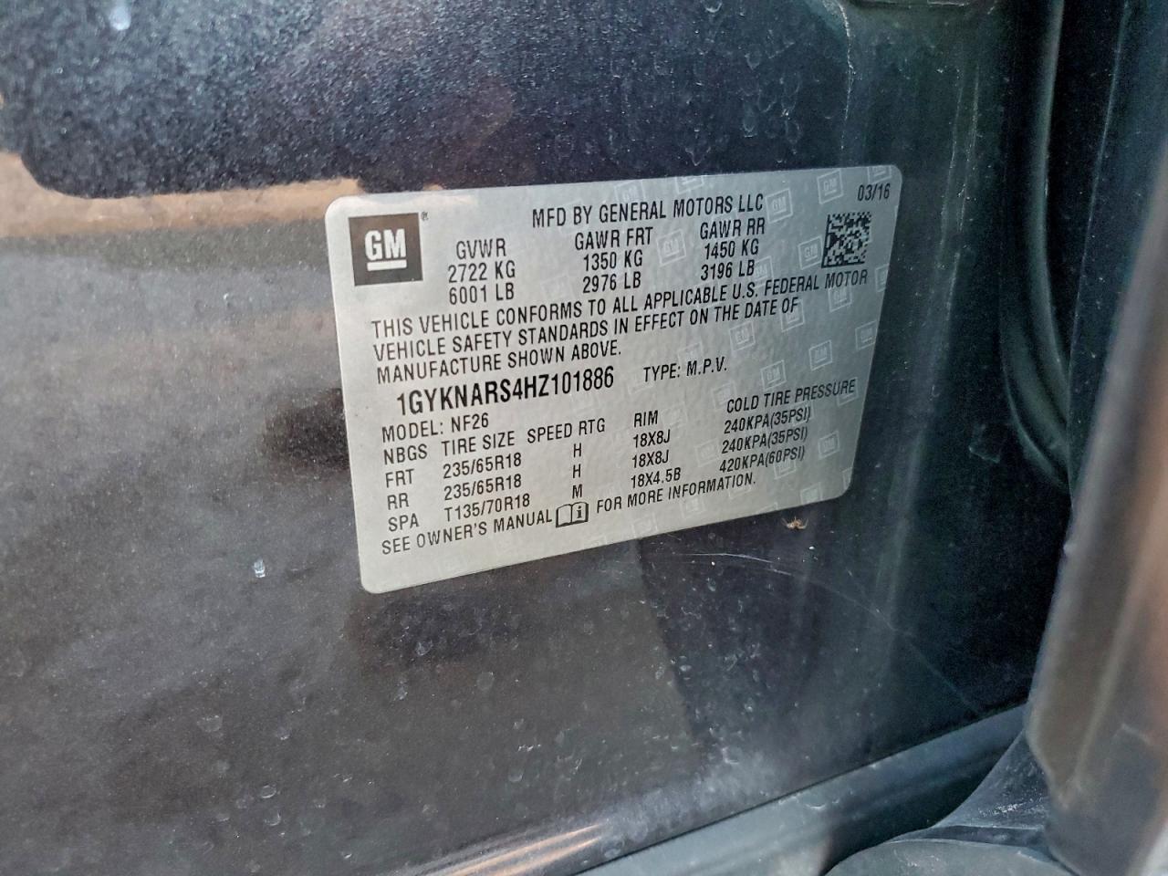 2017 Cadillac Xt5 VIN: 1GYKNARS4HZ101886 Lot: 93691615