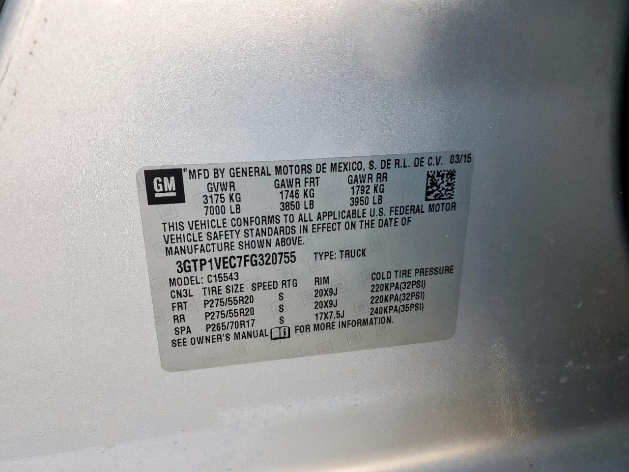 2015 GMC Sierra C1500 Slt VIN: 3GTP1VEC7FG320755 Lot: 92465415