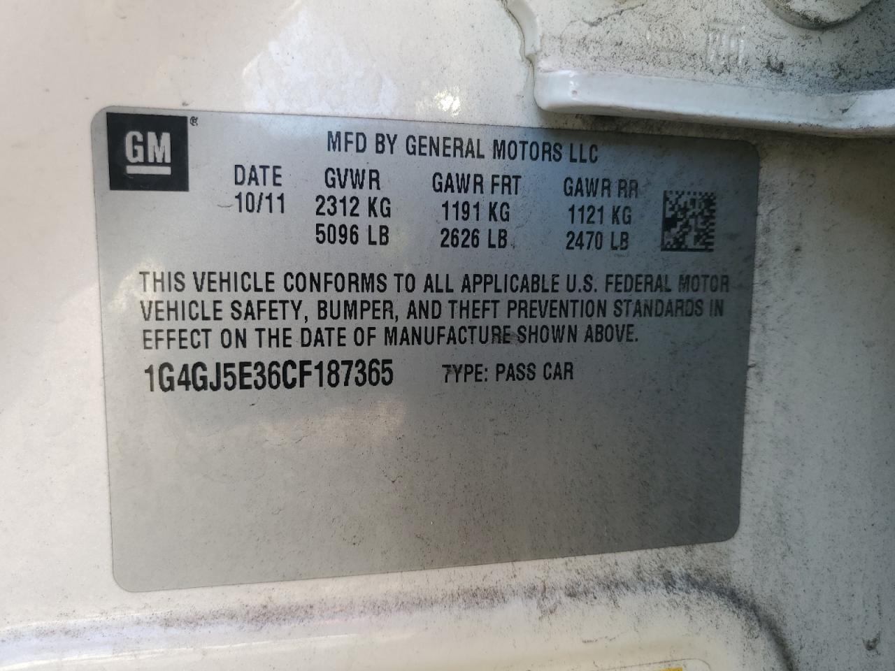 2012 Buick Lacrosse Touring VIN: 1G4GJ5E36CF187365 Lot: 92946365