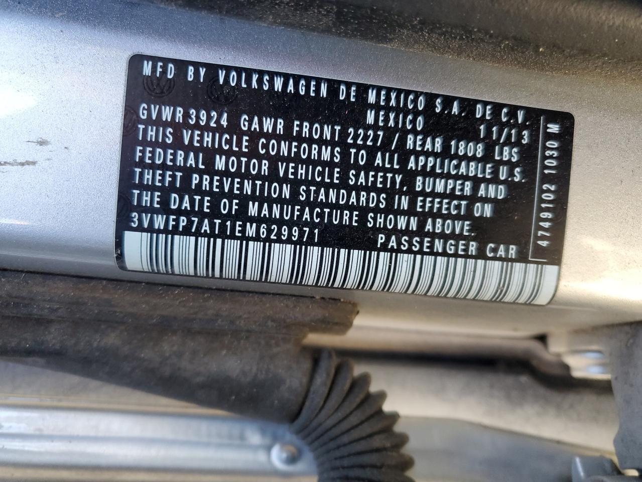 2014 Volkswagen Beetle VIN: 3VWFP7AT1EM629971 Lot: 92494365