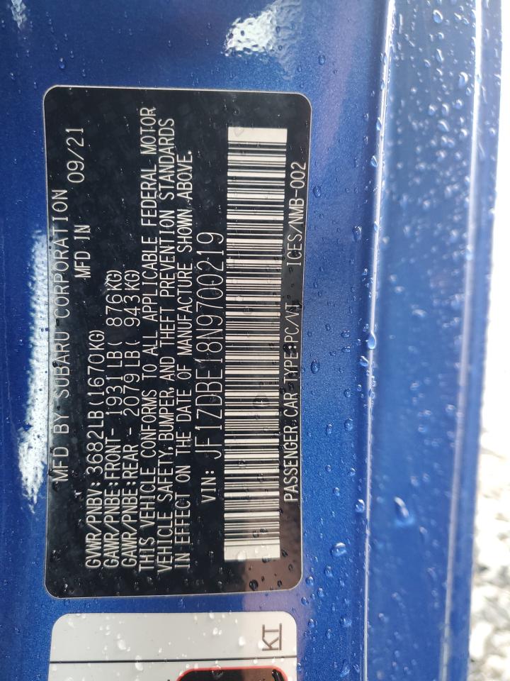 2022 Subaru Brz Limited VIN: JF1ZDBE18N9700219 Lot: 93567655