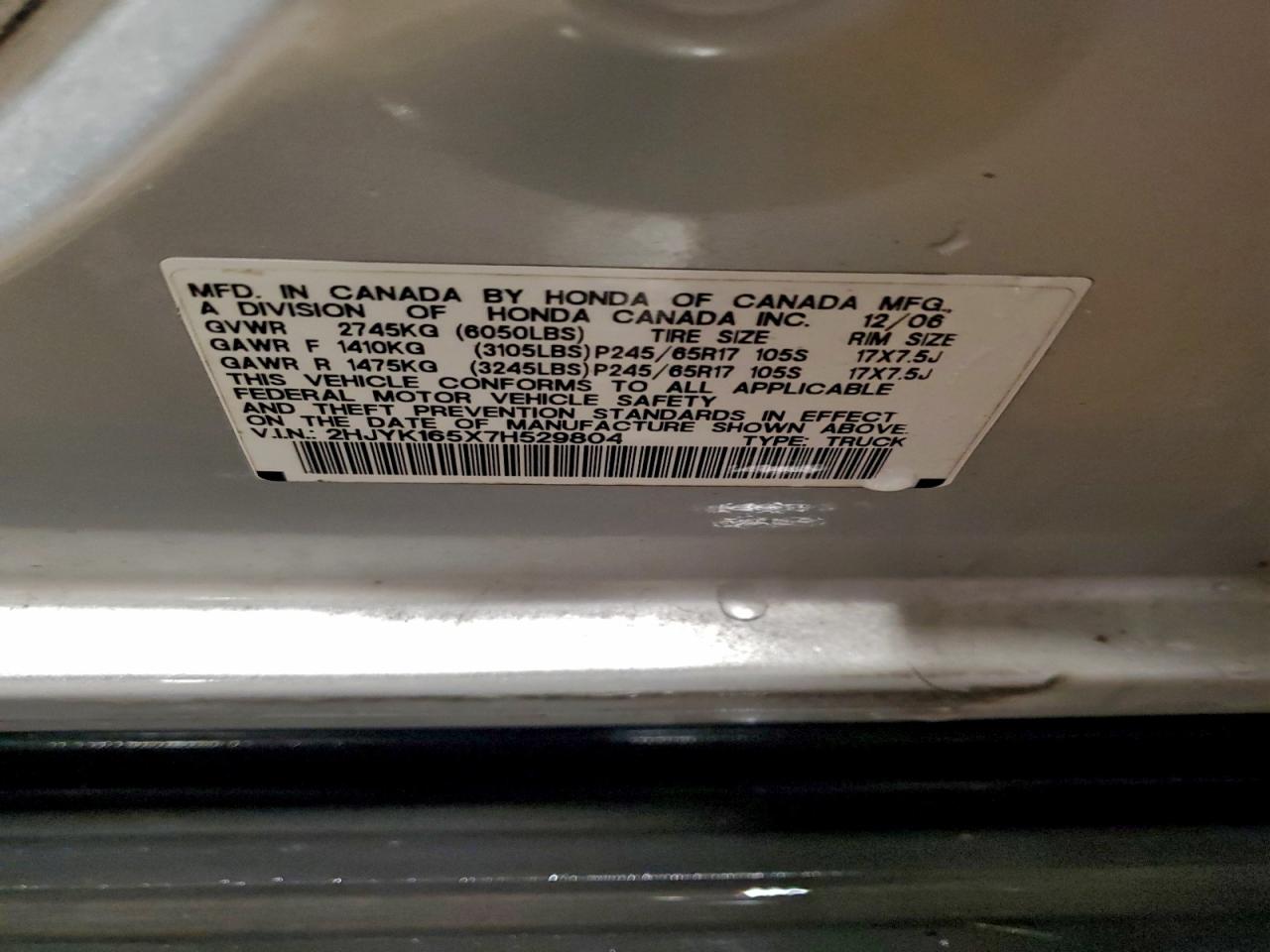 2007 Honda Ridgeline Rtl VIN: 2HJYK165X7H529804 Lot: 94339215