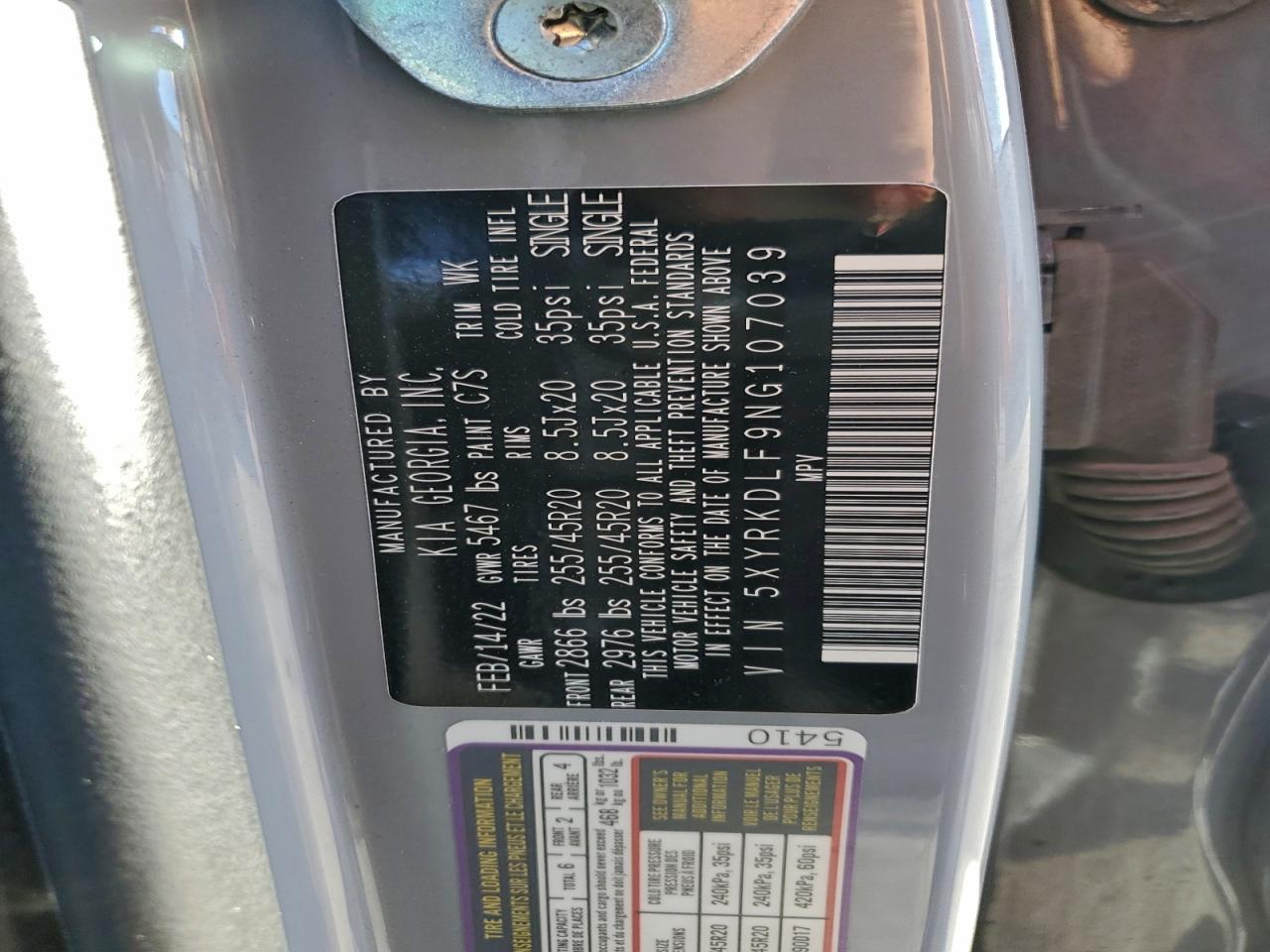 2022 Kia Sorento Sx VIN: 5XYRKDLF9NG107039 Lot: 93846185