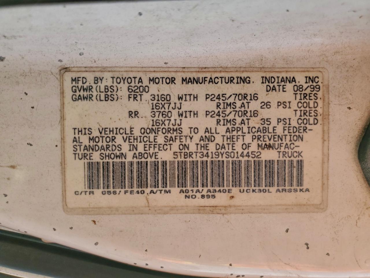 2000 Toyota Tundra Access Cab VIN: 5TBRT3419YS014452 Lot: 93680895