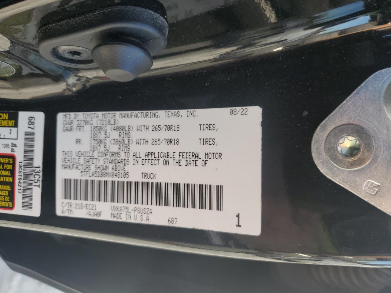 2022 Toyota Tundra Crewmax Sr VIN: 5TFLA5DB8NX048105 Lot: 93012625