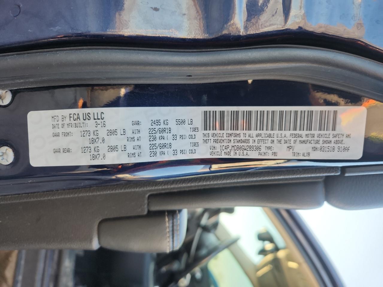 2016 Jeep Cherokee Limited VIN: 1C4PJMDB0GW289306 Lot: 92822985