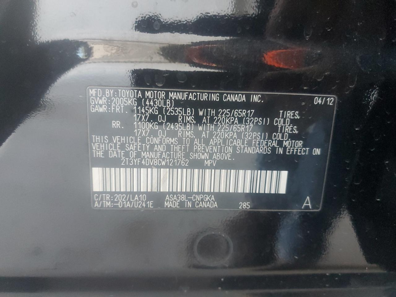 2012 Toyota Rav4 Limited VIN: 2T3YF4DV8CW121762 Lot: 91435895