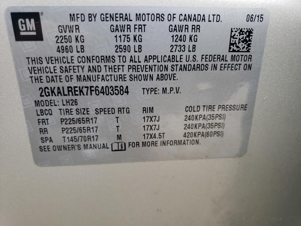 2015 GMC Terrain Sle VIN: 2GKALREK7F6403584 Lot: 91234845