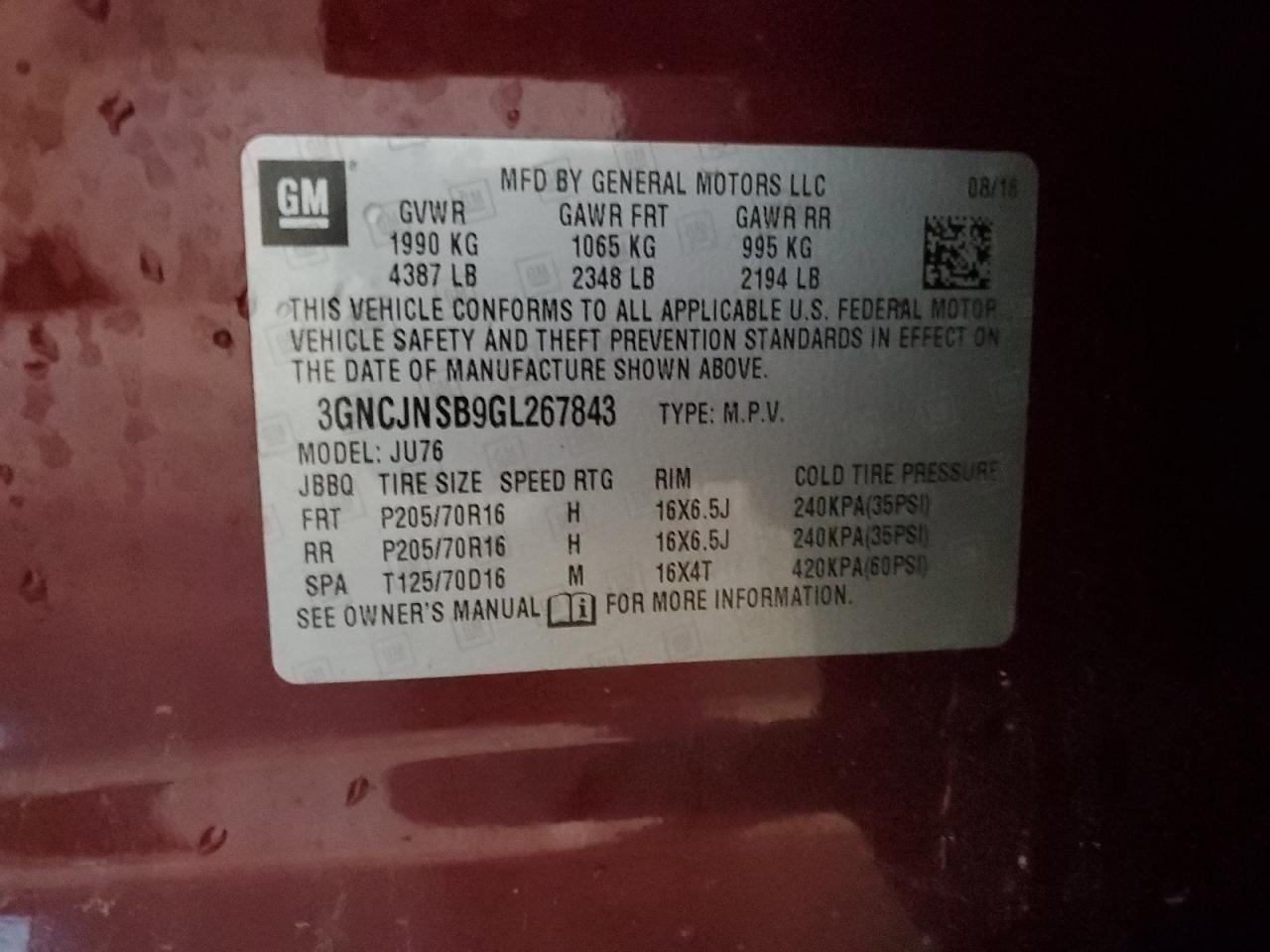 2016 Chevrolet Trax Ls VIN: 3GNCJNSB9GL267843 Lot: 92712425