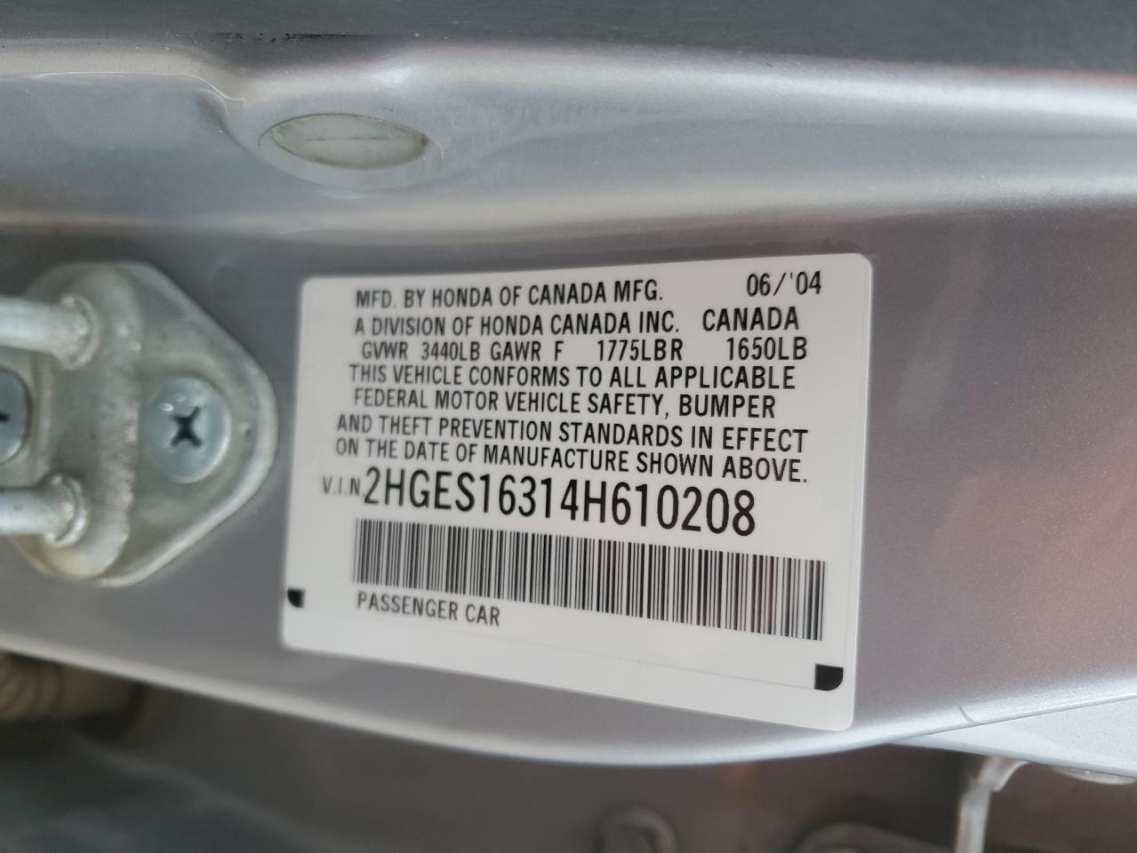 2004 Honda Civic Dx Vp VIN: 2HGES16314H610208 Lot: 91241935