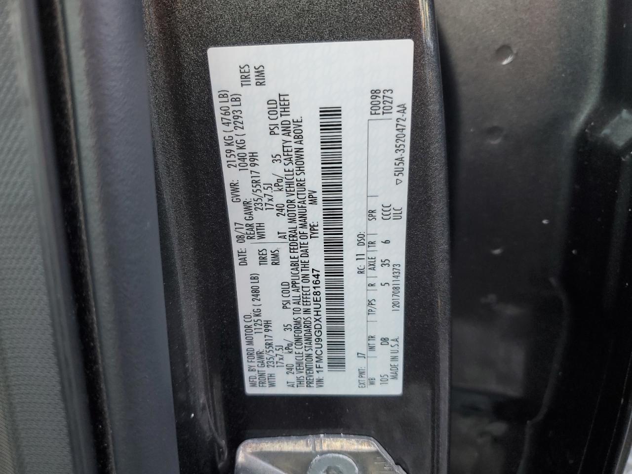 2017 Ford Escape Se VIN: 1FMCU9GDXHUE81647 Lot: 91661185