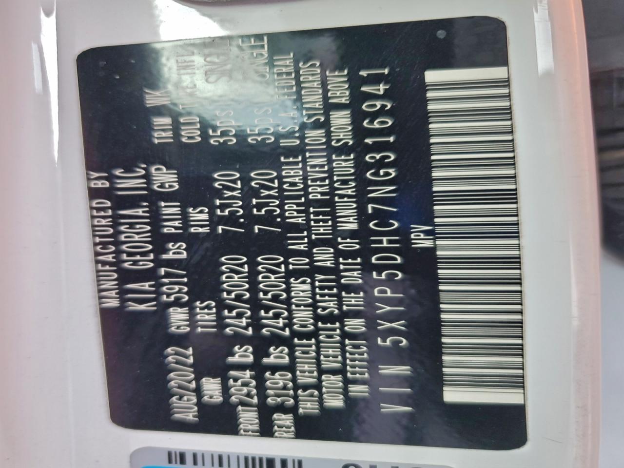 2022 Kia Telluride Sx VIN: 316941 Lot: 94415805