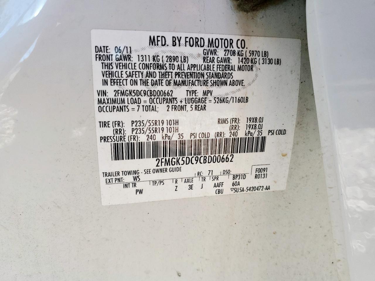 2012 Ford Flex Limited VIN: 2FMGK5DC9CBD00662 Lot: 91683535