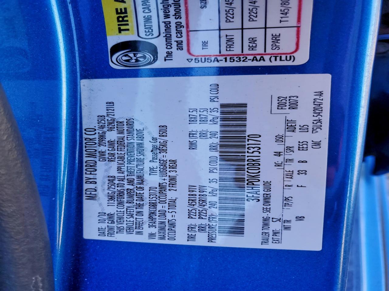 2011 Ford Fusion Sport VIN: 3FAHP0KC0BR153170 Lot: 94734815