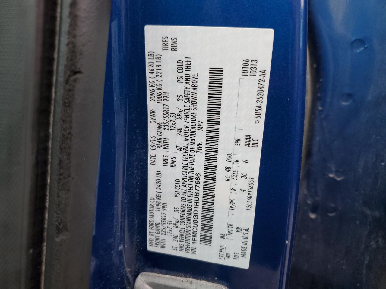 2017 Ford Escape Se VIN: 1FMCU0GD1HUB77666 Lot: 93813135