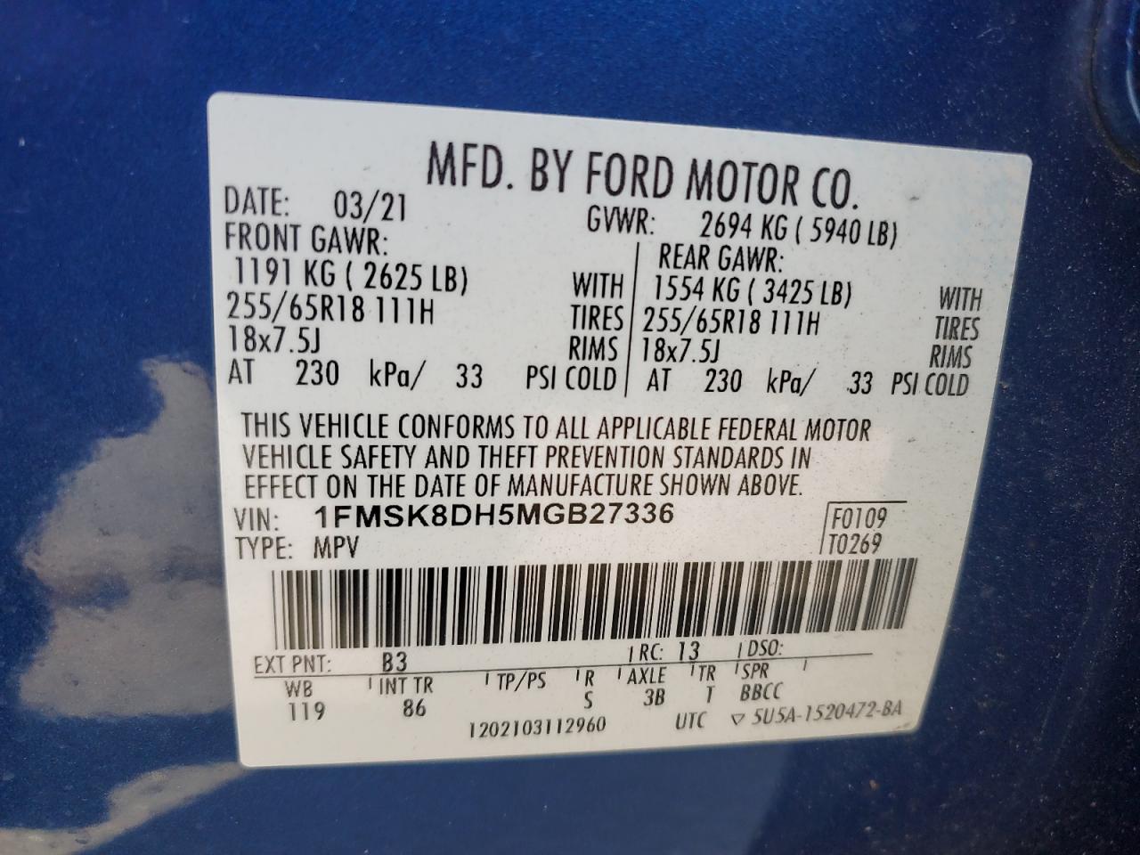 2021 Ford Explorer Xlt VIN: 1FMSK8DH5MGB27336 Lot: 93274445