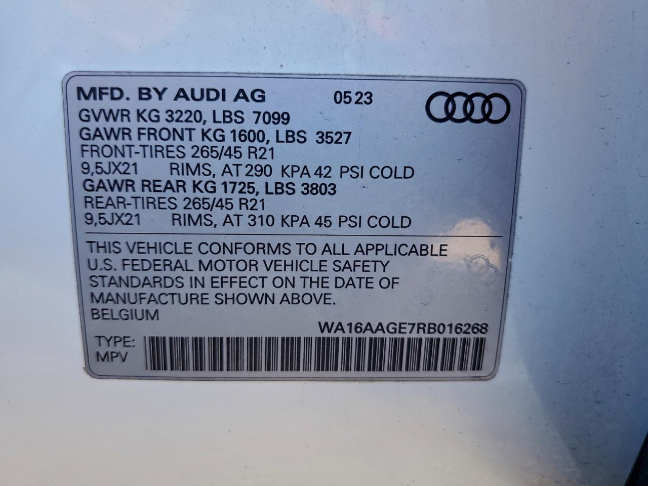 2024 Audi Q8 E-Tron Prestige VIN: WA16AAGE7RB016268 Lot: 94553885