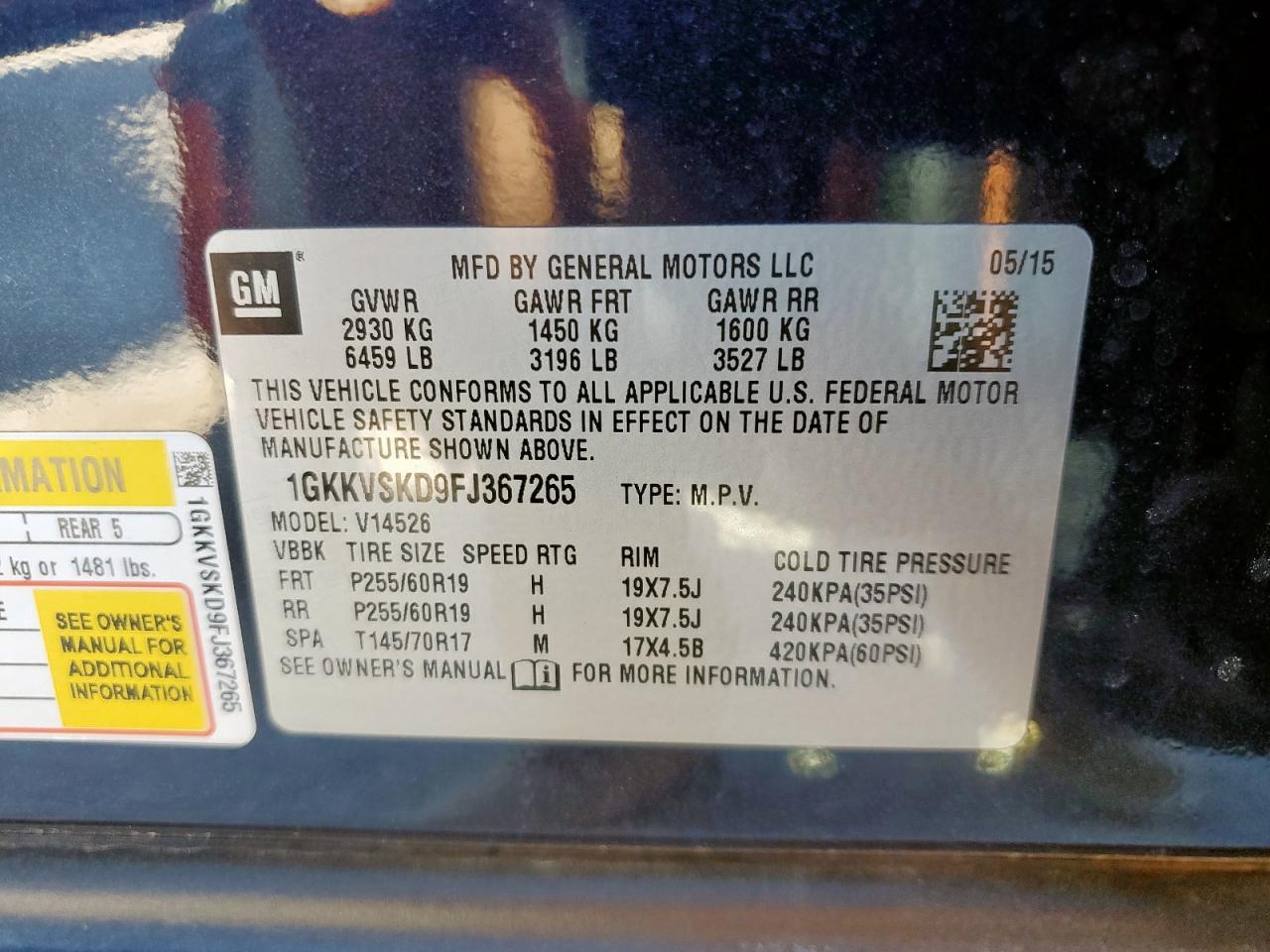 2015 GMC Acadia Slt-2 VIN: 1GKKVSKD9FJ367265 Lot: 92324785