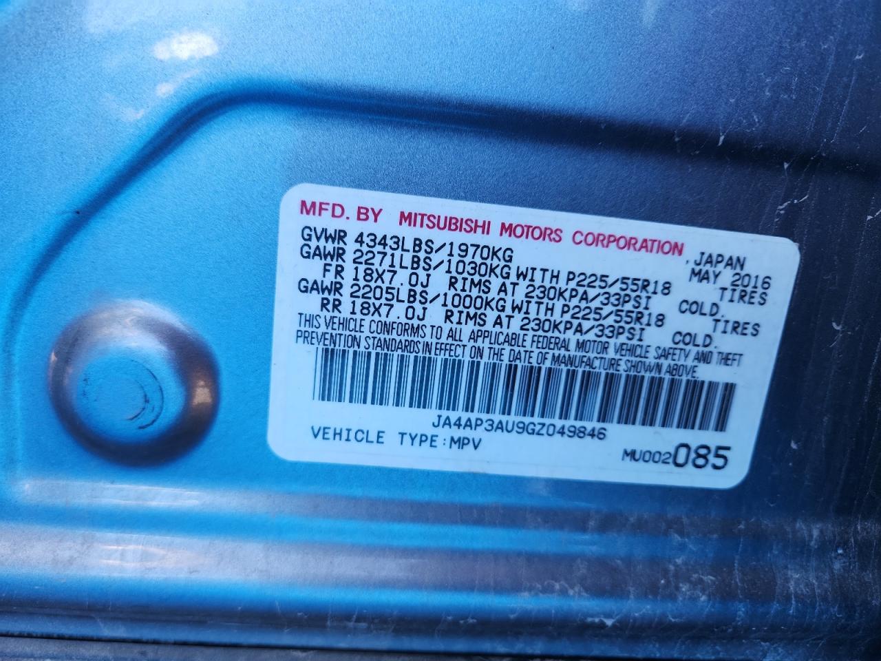 2016 Mitsubishi Outlander Sport Es VIN: JA4AP3AU9GZ049846 Lot: 91843815