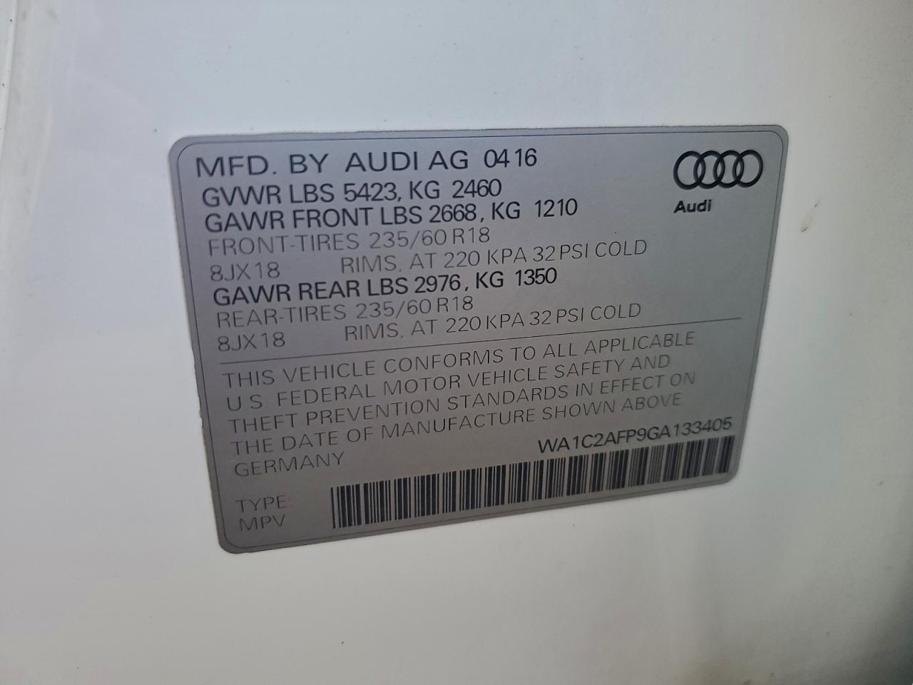 2016 Audi Q5 Premium VIN: WA1C2AFP9GA133405 Lot: 93541615