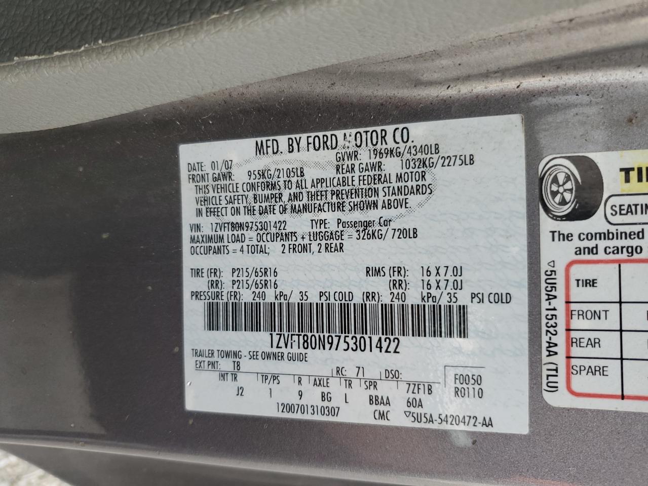 2007 Ford Mustang VIN: 1ZVFT80N975301422 Lot: 90523055