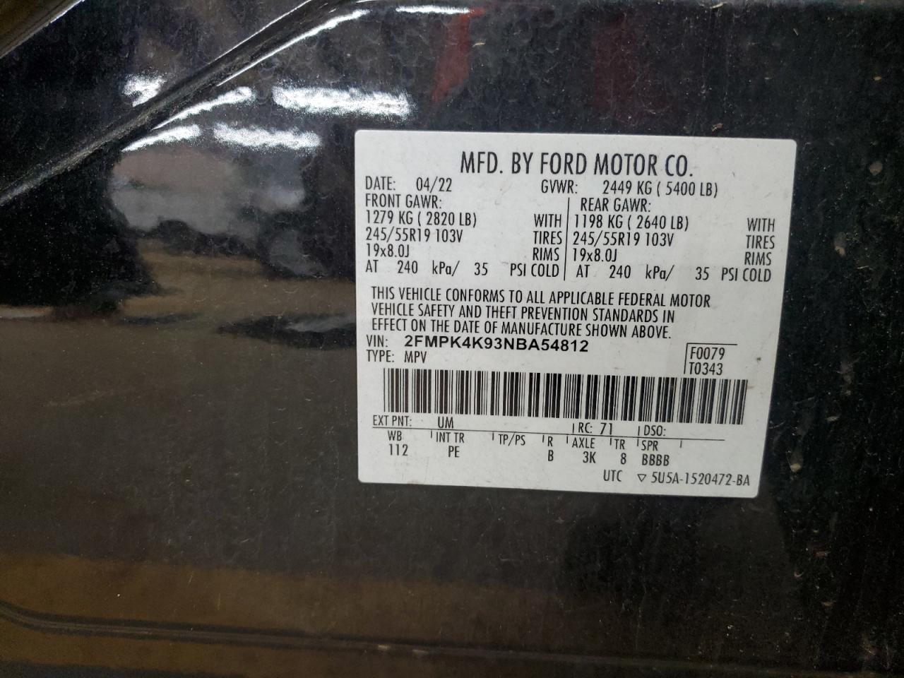 2022 Ford Edge Titanium VIN: 2FMPK4K93NBA54812 Lot: 90880715