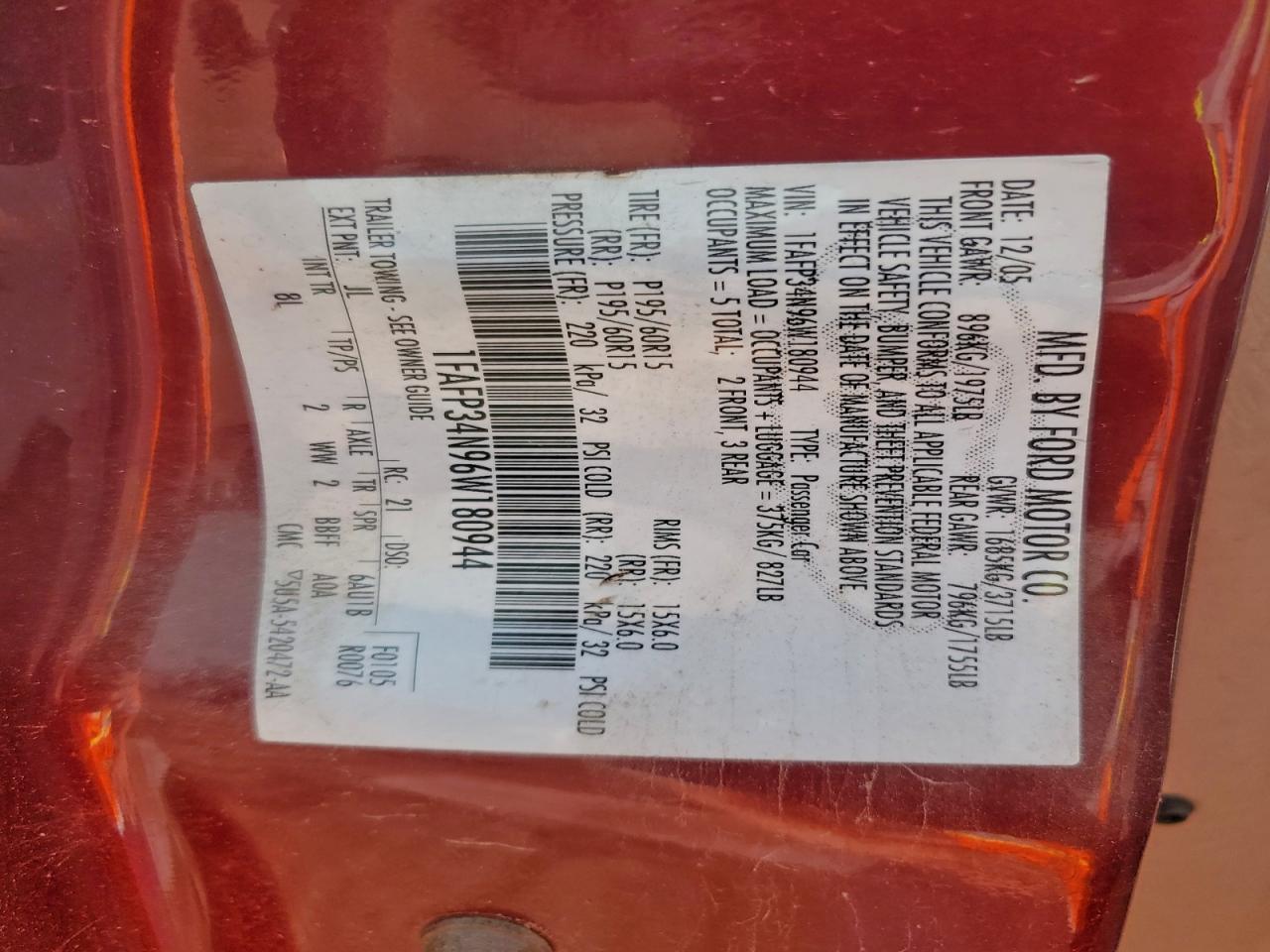 2006 Ford Focus Zx4 VIN: 1FAFP34N96W180944 Lot: 93923875