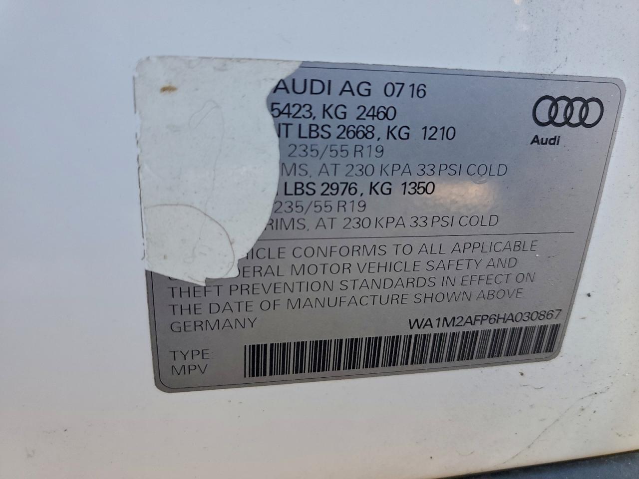 2017 Audi Q5 Premium Plus VIN: WA1M2AFP6HA030867 Lot: 94060485