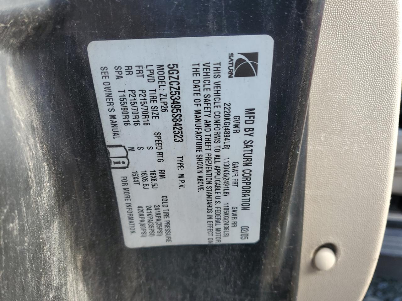 2005 Saturn Vue VIN: 5GZCZ53495S842523 Lot: 92489765