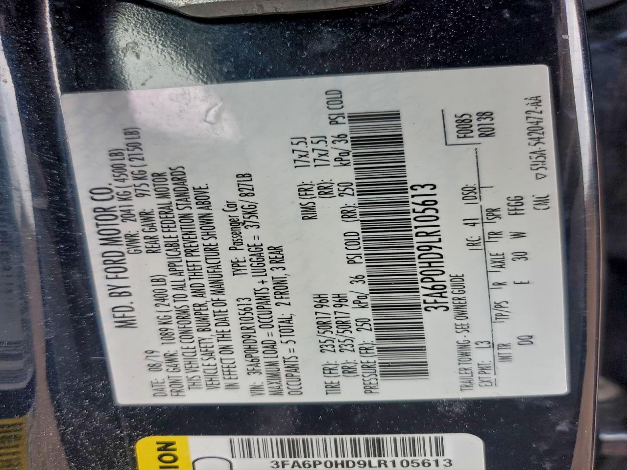 2020 Ford Fusion Se VIN: 3FA6P0HD9LR105613 Lot: 93941435