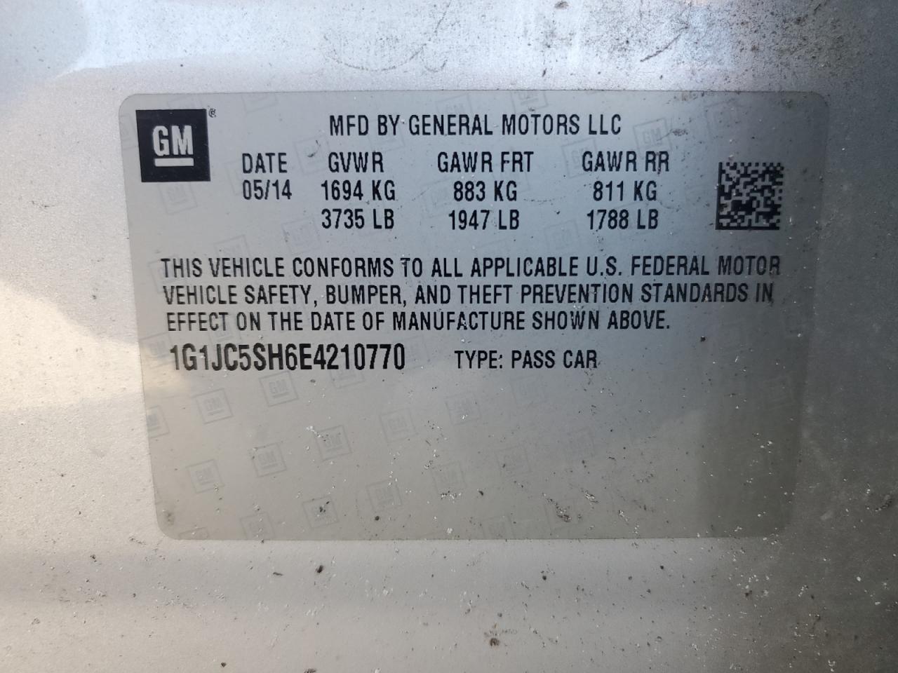 2014 Chevrolet Sonic Lt VIN: 1G1JC5SH6E4210770 Lot: 90294905