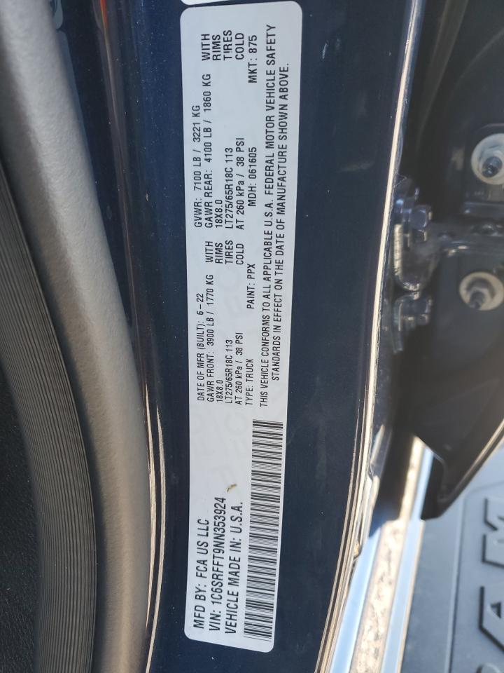 2022 Ram 1500 Big Horn/Lone Star VIN: 1C6SRFFT9NN353924 Lot: 91173505