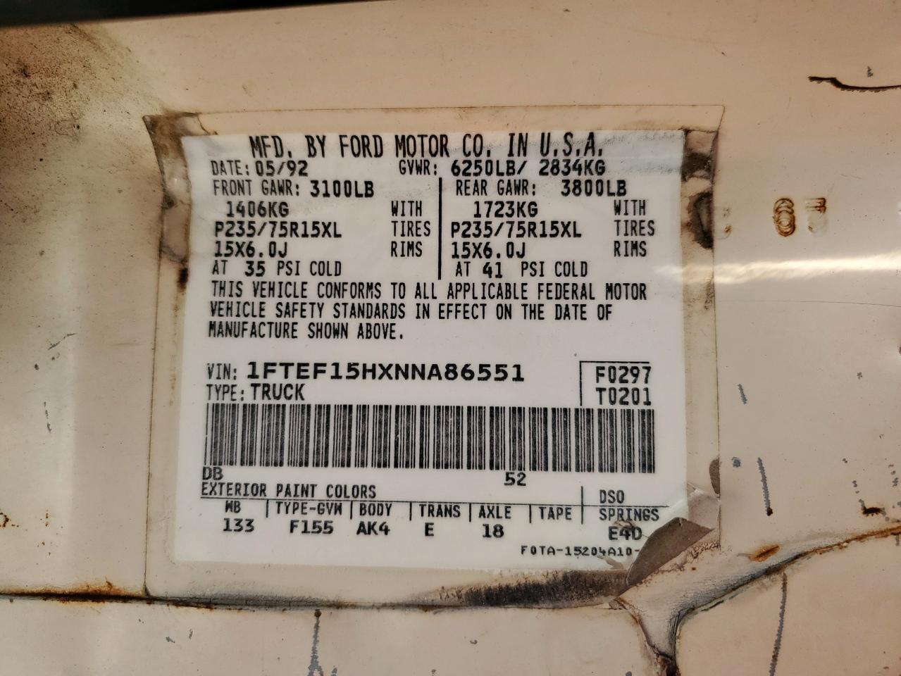 1992 Ford F150 VIN: 1FTEF15HXNNA86551 Lot: 90991935