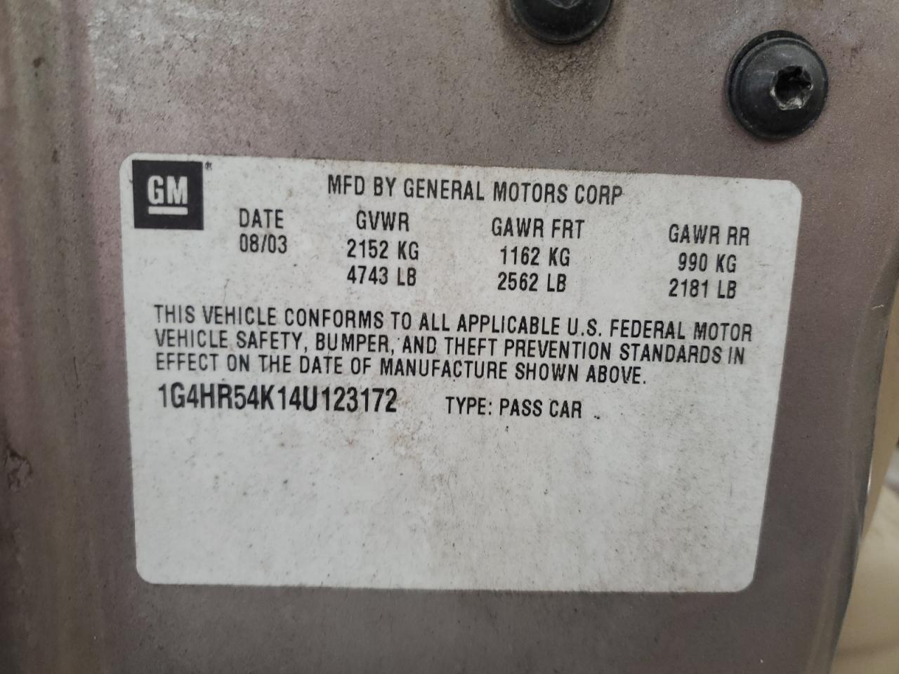 2004 Buick Lesabre Limited VIN: 1G4HR54K14U123172 Lot: 93429125