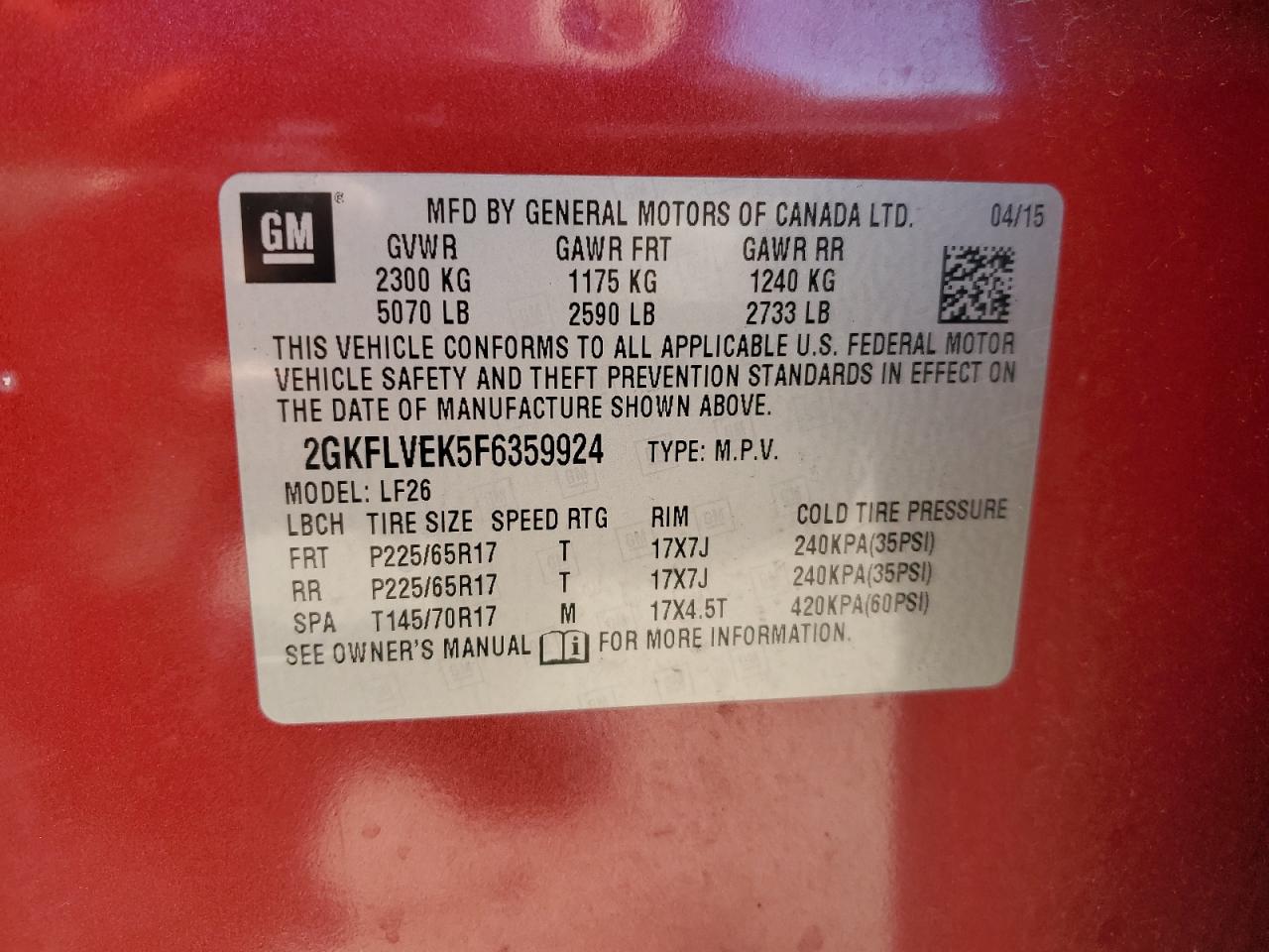 2015 GMC Terrain Sle VIN: 2GKFLVEK5F6359924 Lot: 91113845