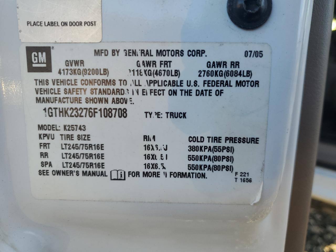 2006 GMC Sierra K2500 Heavy Duty VIN: 1GTHK23276F108708 Lot: 91710825