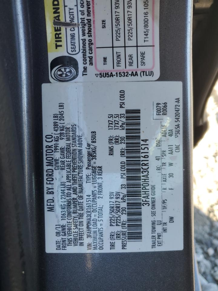 2012 Ford Fusion Se VIN: 3FAHP0HA3CR161514 Lot: 92072535