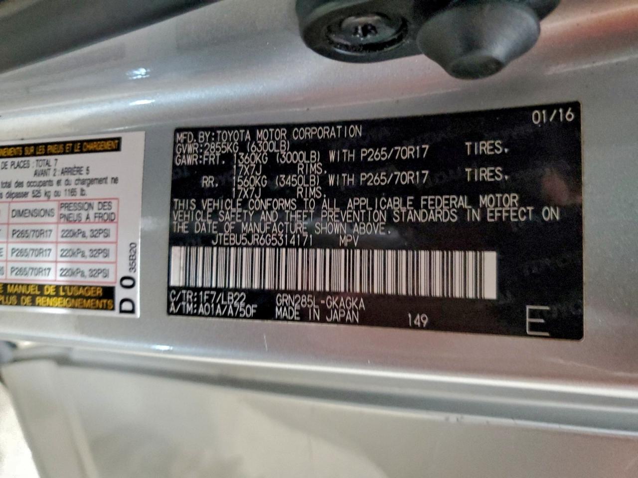 2016 Toyota 4Runner Sr5/Sr5 Premium VIN: JTEBU5JR6G5314171 Lot: 93956425