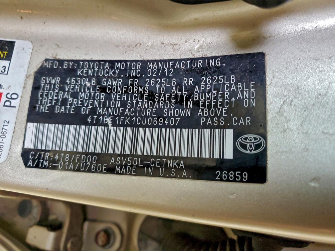 2012 Toyota Camry Base VIN: 4T1BF1FK1CU069407 Lot: 94078595