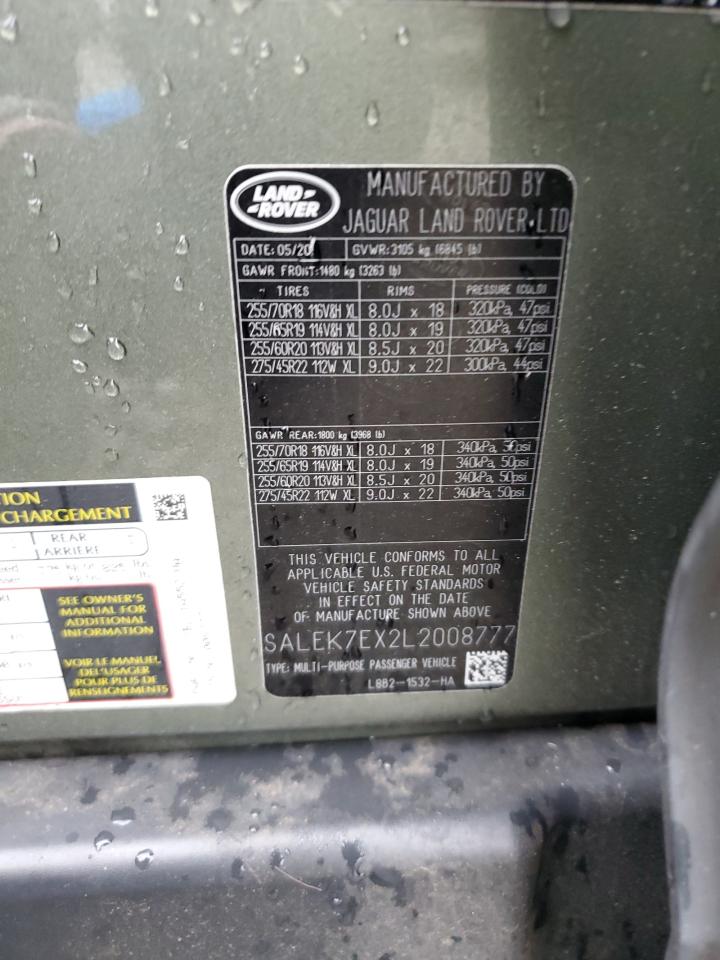 2020 Land Rover Defender 110 VIN: SALEK7EX2L2008777 Lot: 93275215