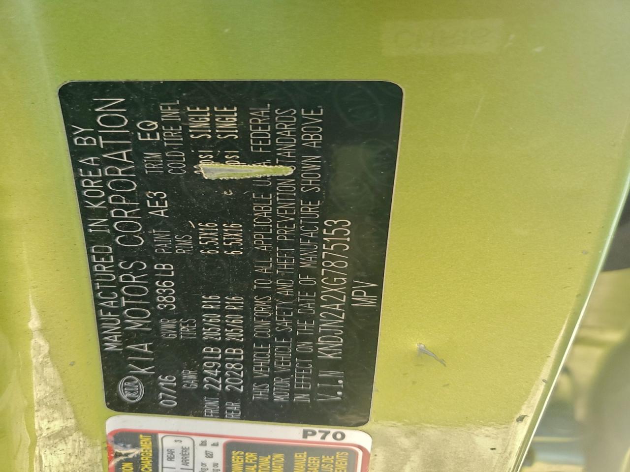 2016 Kia Soul VIN: KNDJN2A2XG7875153 Lot: 93493685