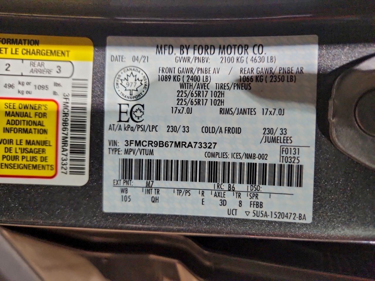 2021 Ford Bronco Sport Big Bend VIN: 3FMCR9B67MRA73327 Lot: 94879625