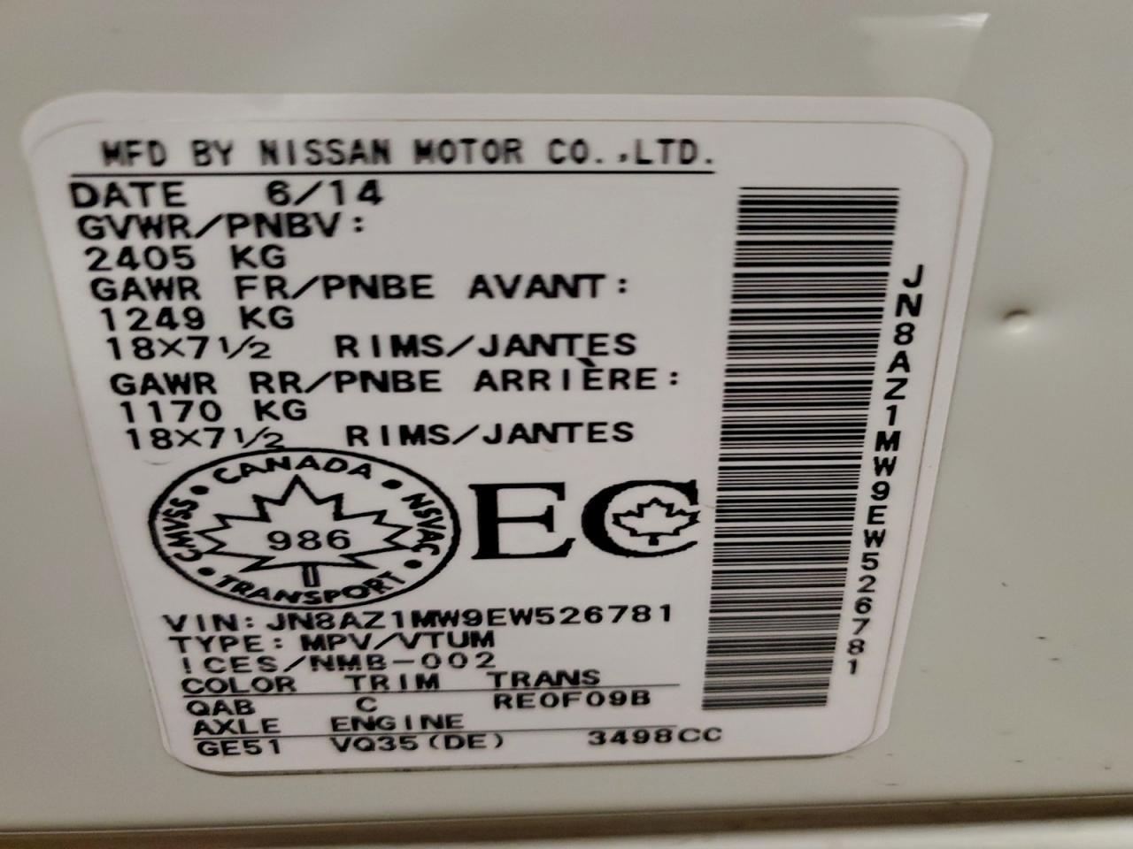 2014 Nissan Murano S VIN: JN8AZ1MW9EW526781 Lot: 94287565