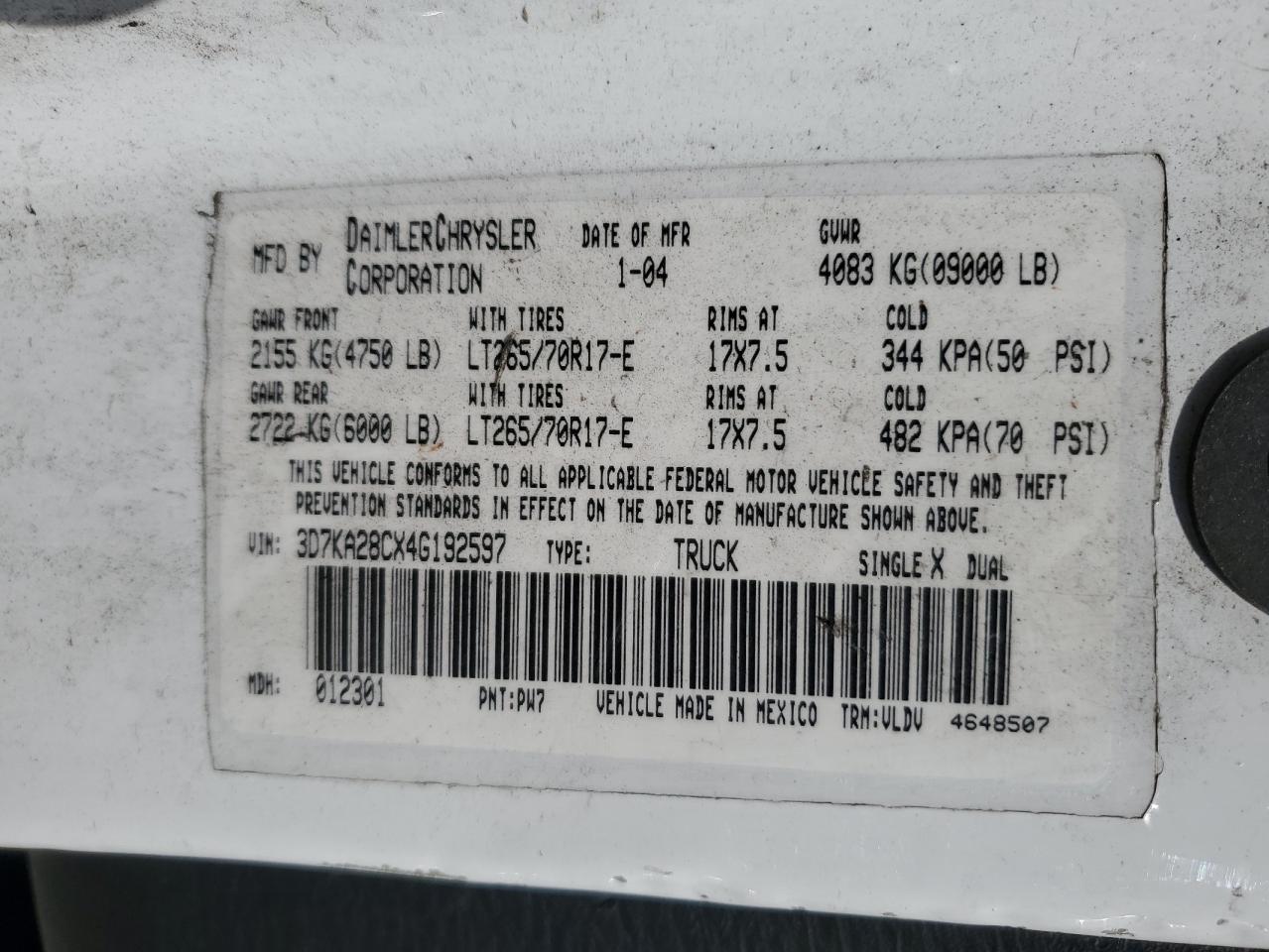 2004 Dodge Ram 2500 St VIN: 3D7KA28CX4G192597 Lot: 91721725