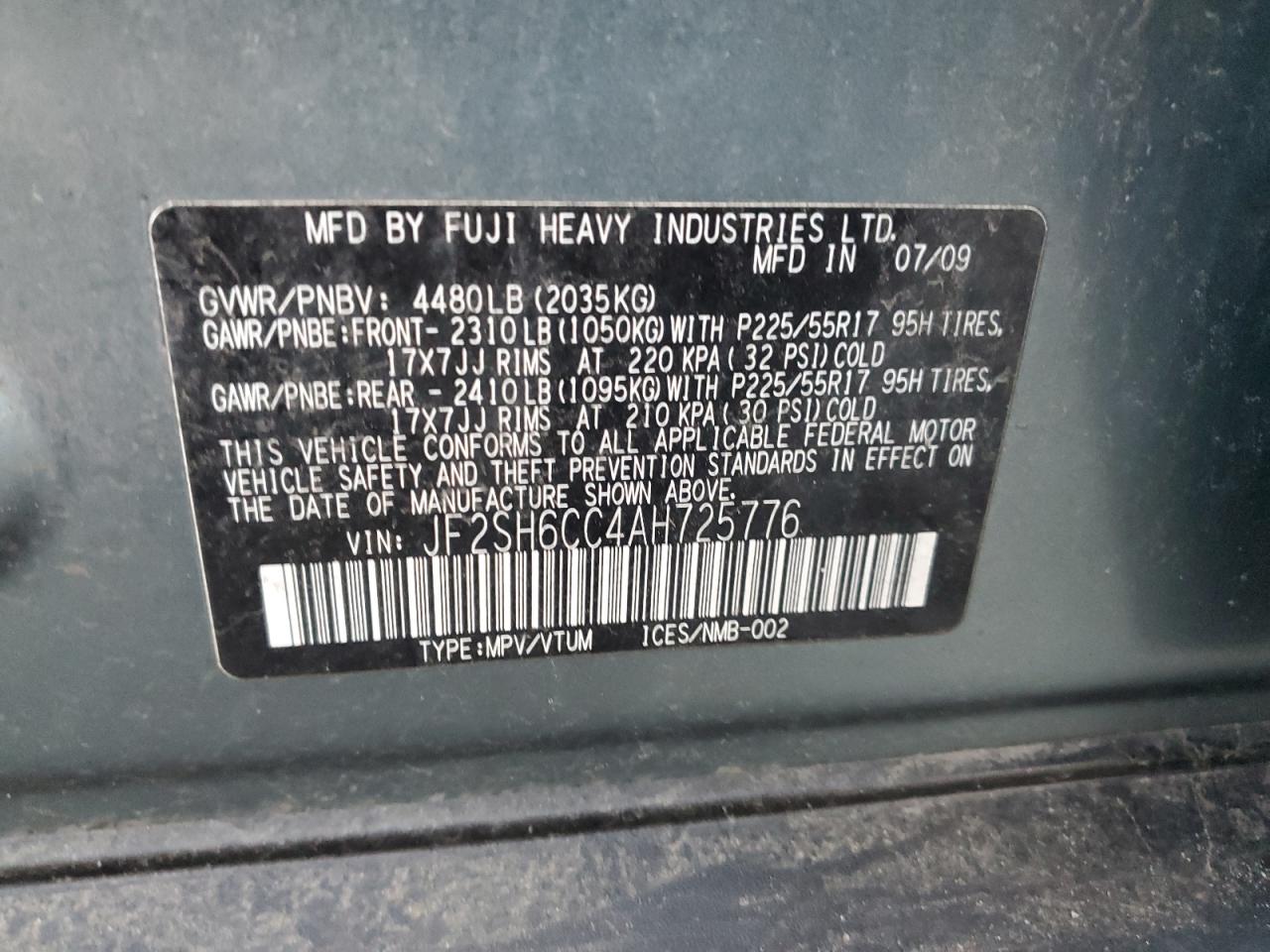 2010 Subaru Forester 2.5X Premium VIN: JF2SH6CC4AH725776 Lot: 93486165