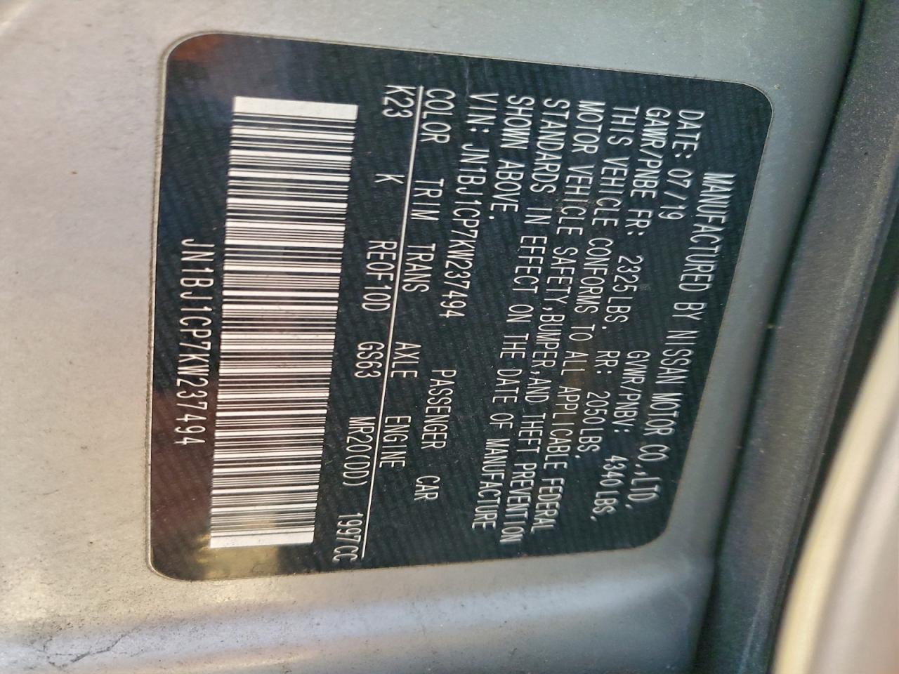 2019 Nissan Rogue Sport S VIN: JN1BJ1CP7KW237494 Lot: 92464795