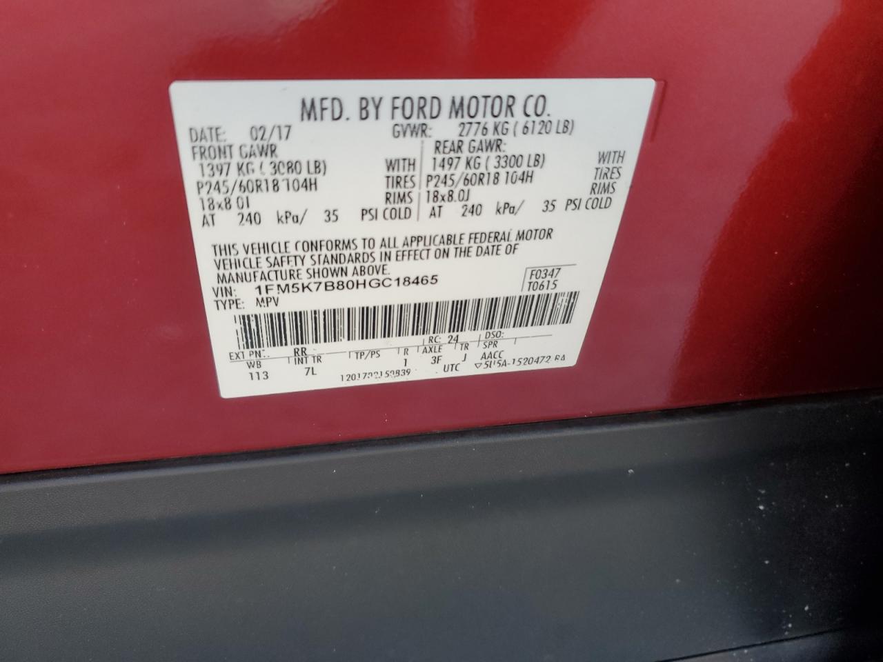 2017 Ford Explorer VIN: 1FM5K7B80HGC18465 Lot: 93953475