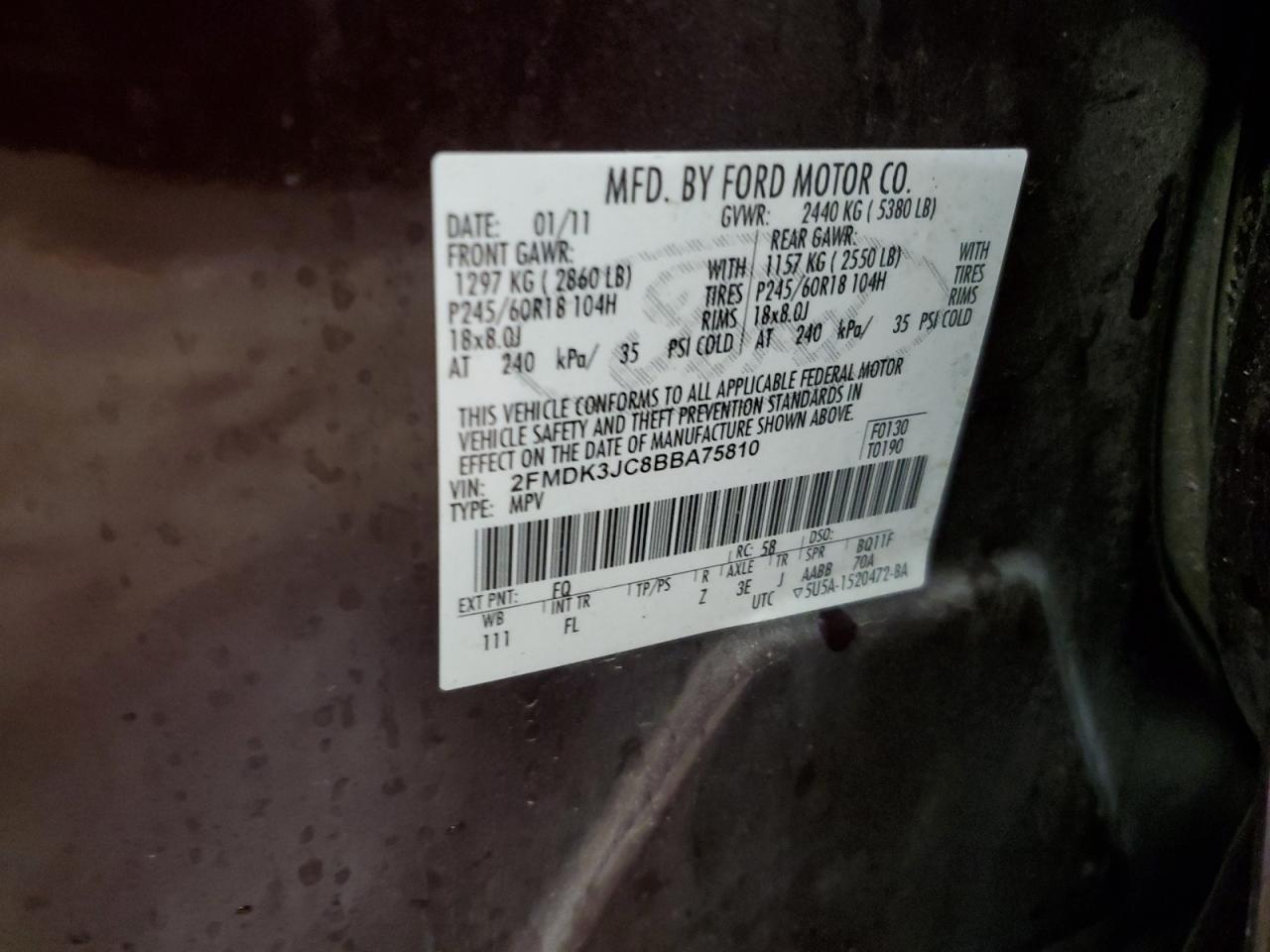 2011 Ford Edge Sel VIN: 2FMDK3JC8BBA75810 Lot: 93292135