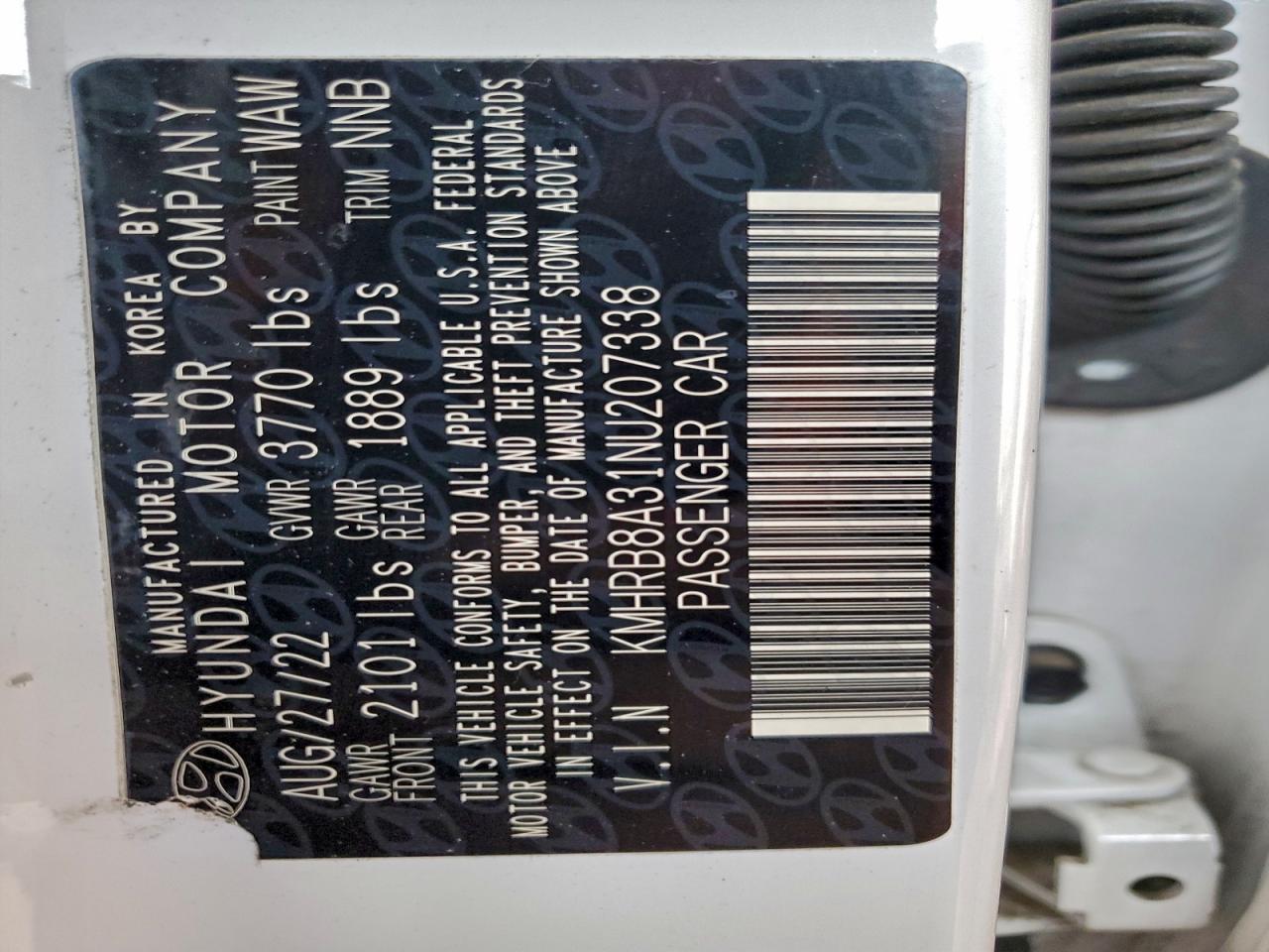 2022 Hyundai Venue Se VIN: KMHRB8A31NU207338 Lot: 94175395