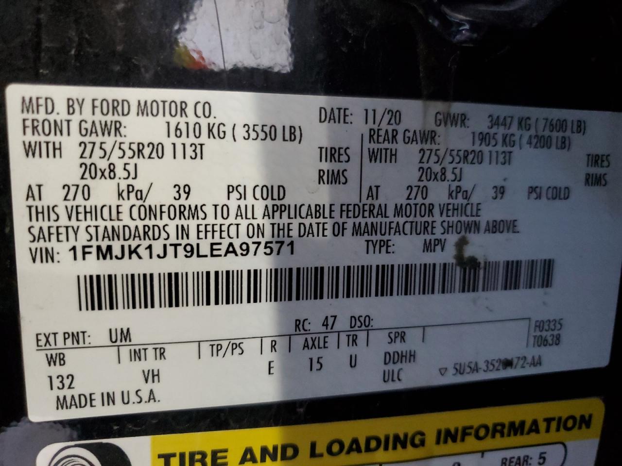 2020 Ford Expedition Max Xlt VIN: 1FMJK1JT9LEA97571 Lot: 92711405
